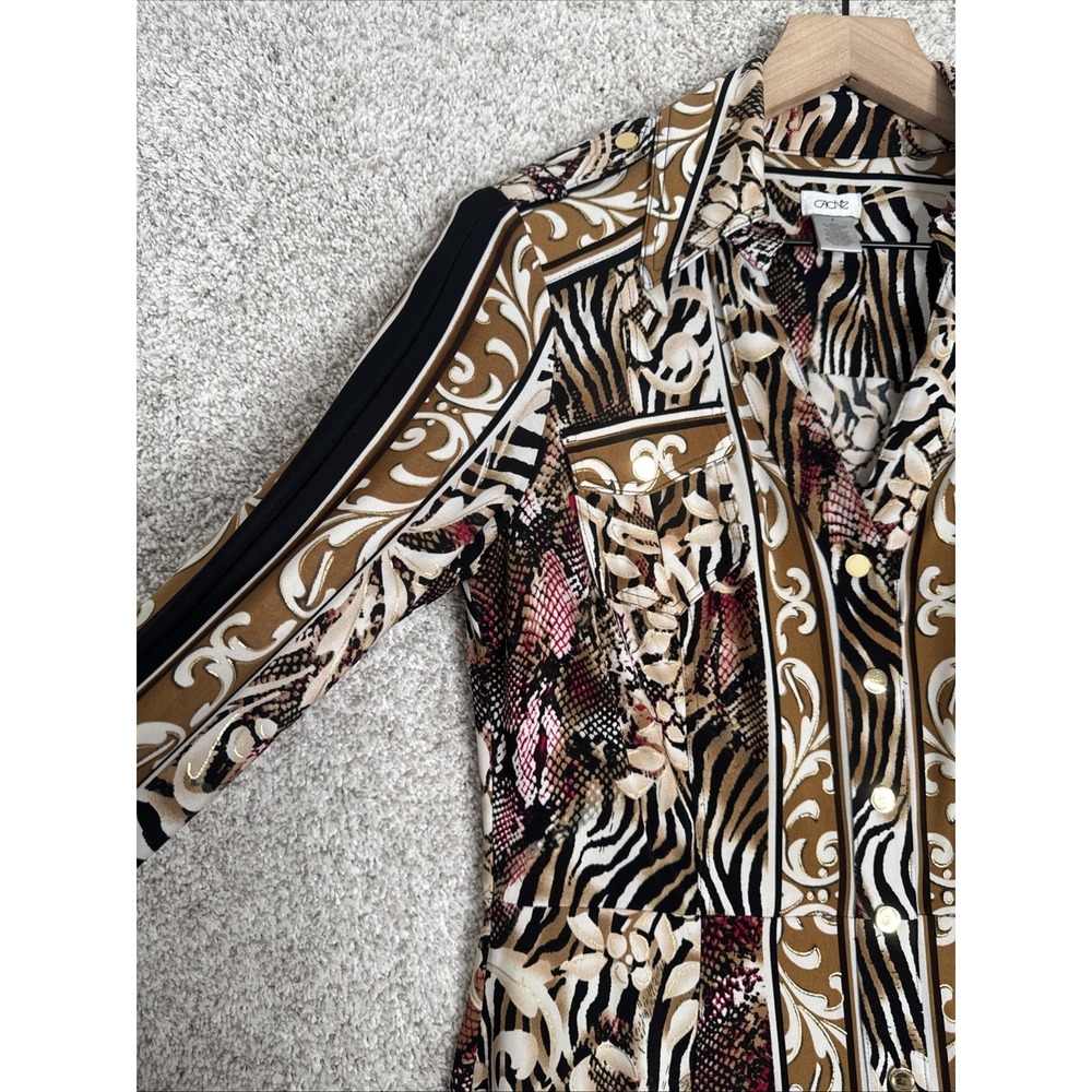 Cache Womens Size 6 Button Down long Sleeve Dress Collar Animal Print - Picture 4 of 10